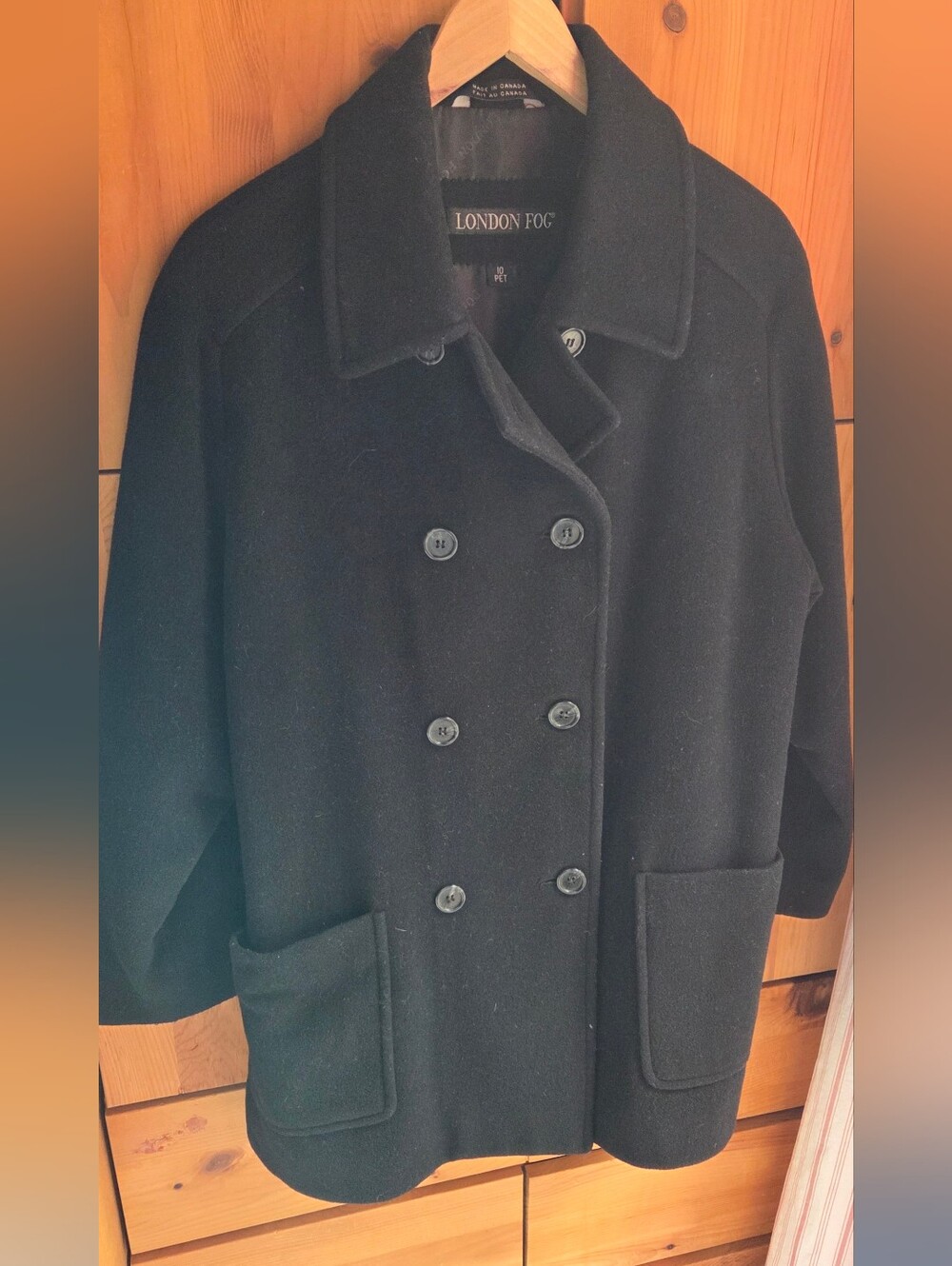 London Fog Women's Vintage Black Wool Blend Double Breasted Pea Coat Size 10